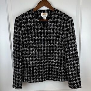 Talbots Petites 12 Italian Fabric Bouclé Jacket Black White Tweed Button Front